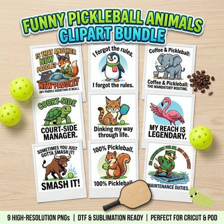 Funny Pickleball Animals Clipart PNG Bundle - 9 Funny Pickleball Quotes & Mascot Designs for DTF Transfers, Sublimation & T-Shirts