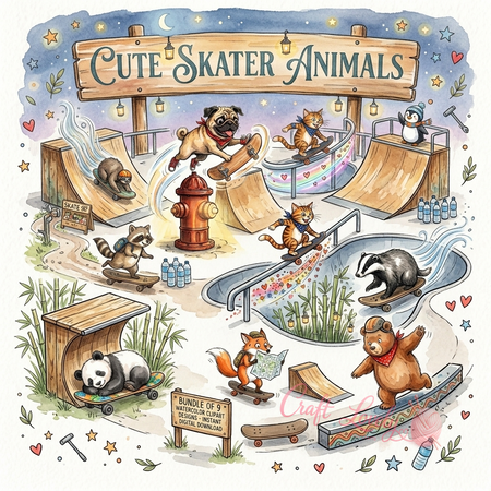 Roll into creativity with our Cute Skater Animals Clipart Bundle!